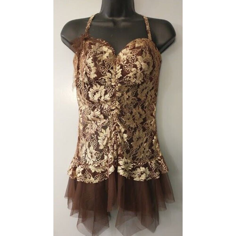 Sexy Brown See Through Lace Chemise W Skirt Lace Tie Up Black Soft Bra NWT Large